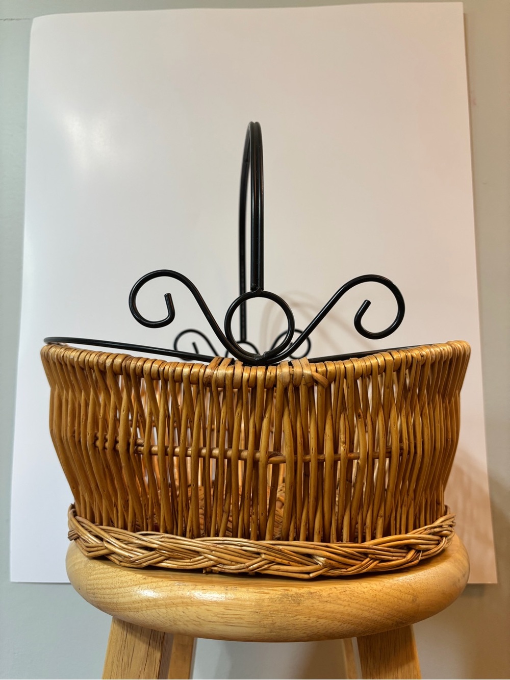 Natural Brown Wicker Basket with Black Metal Handle